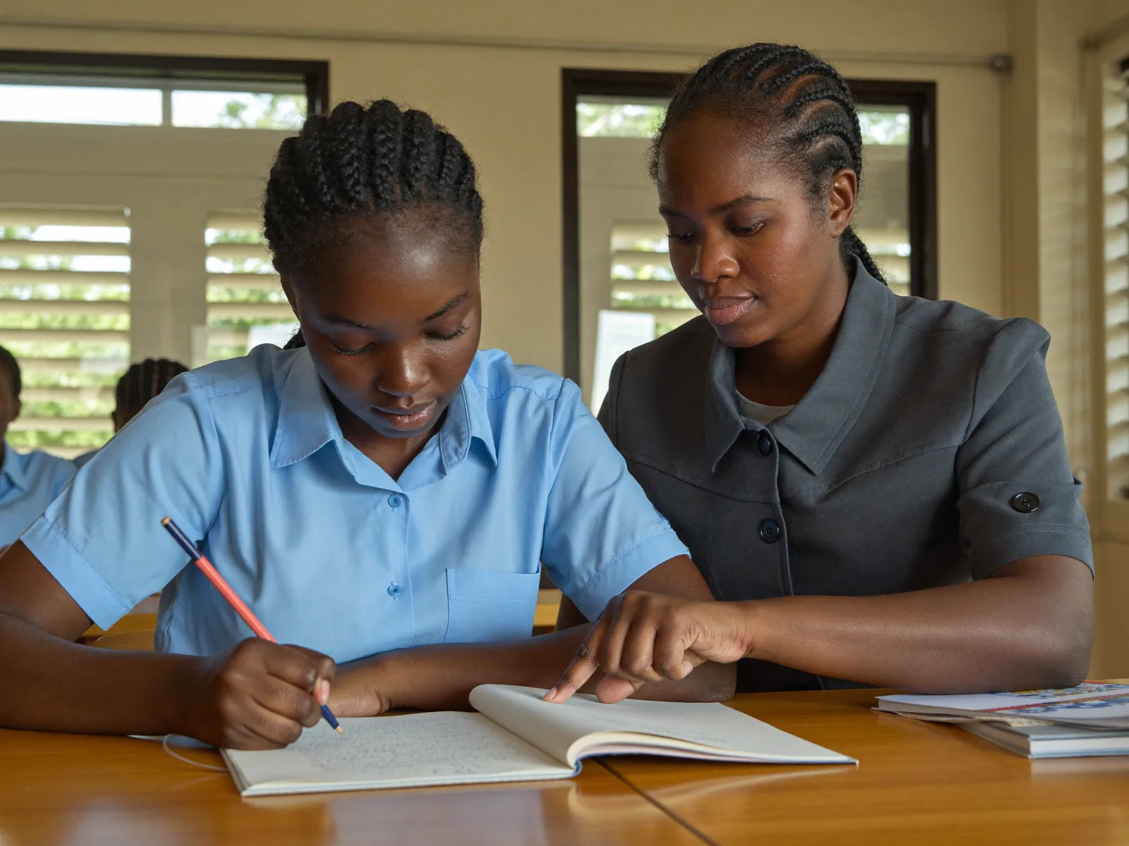 Une élève en uniforme scolaire bleu clair étudie avec son enseignante dans une salle de classe au Cameroun.